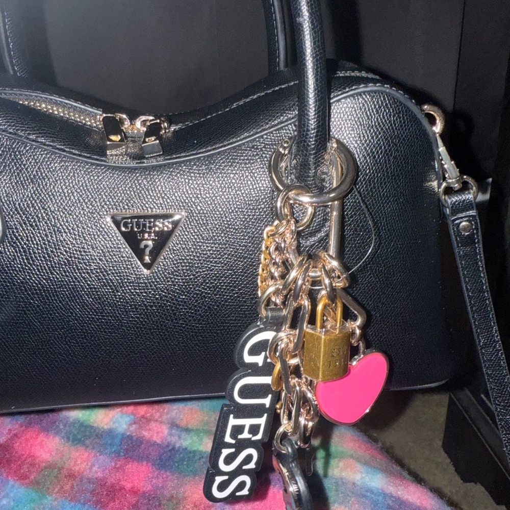 Guess Black Handbag with Gold and Pink Accents